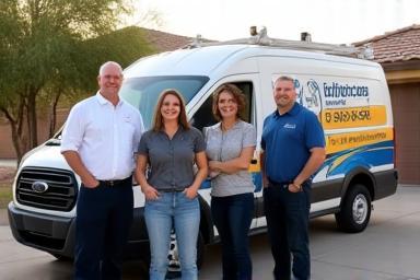 Family business owners standing proudly with service van in Mesa, Arizona