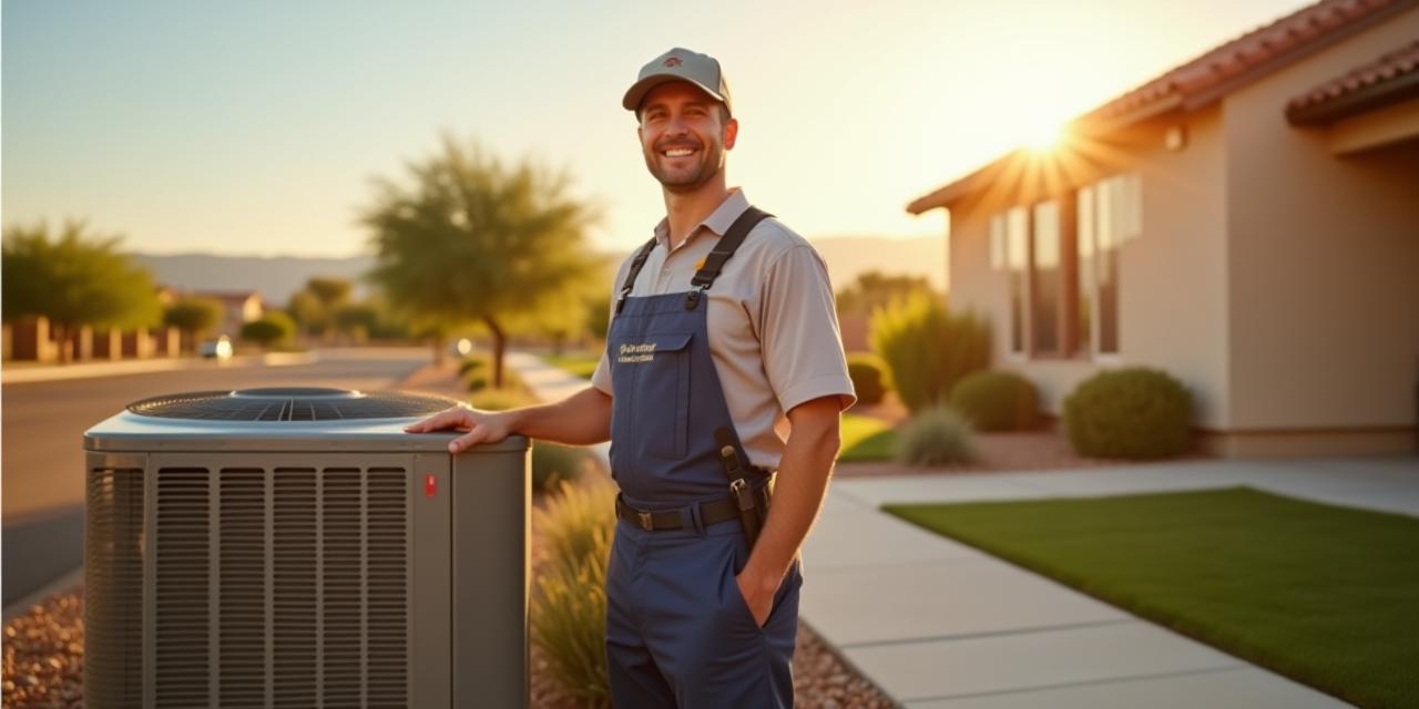 Smiling HVAC technician next to air conditioner outside family home in sunny Mesa, AZ